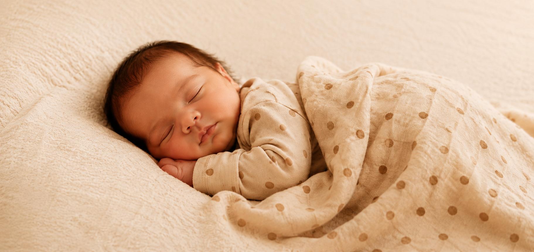 Newborn sleeping peacefully under a dotted blanket after overnight doula care in Atlanta
