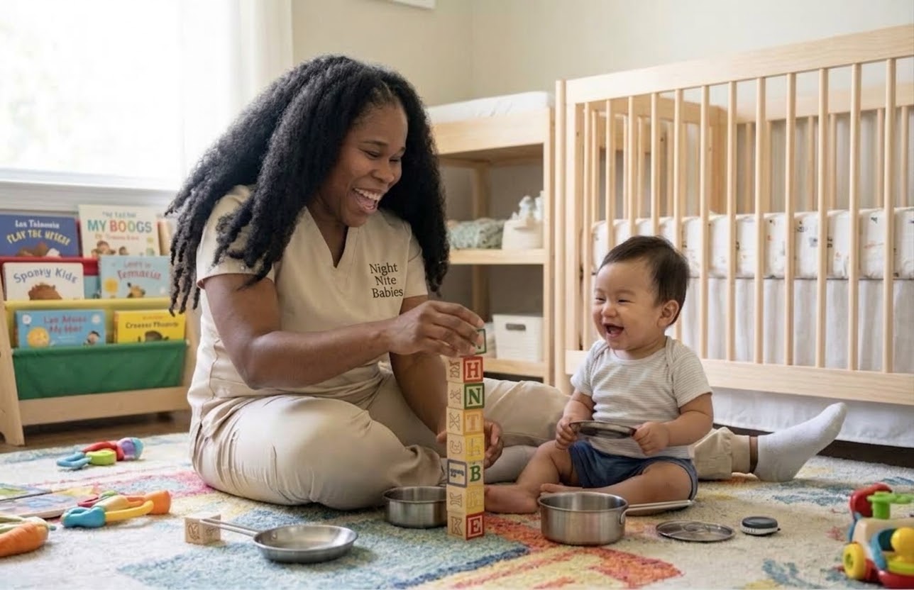 Night Nite Babies nanny playing with a baby at home in Atlanta